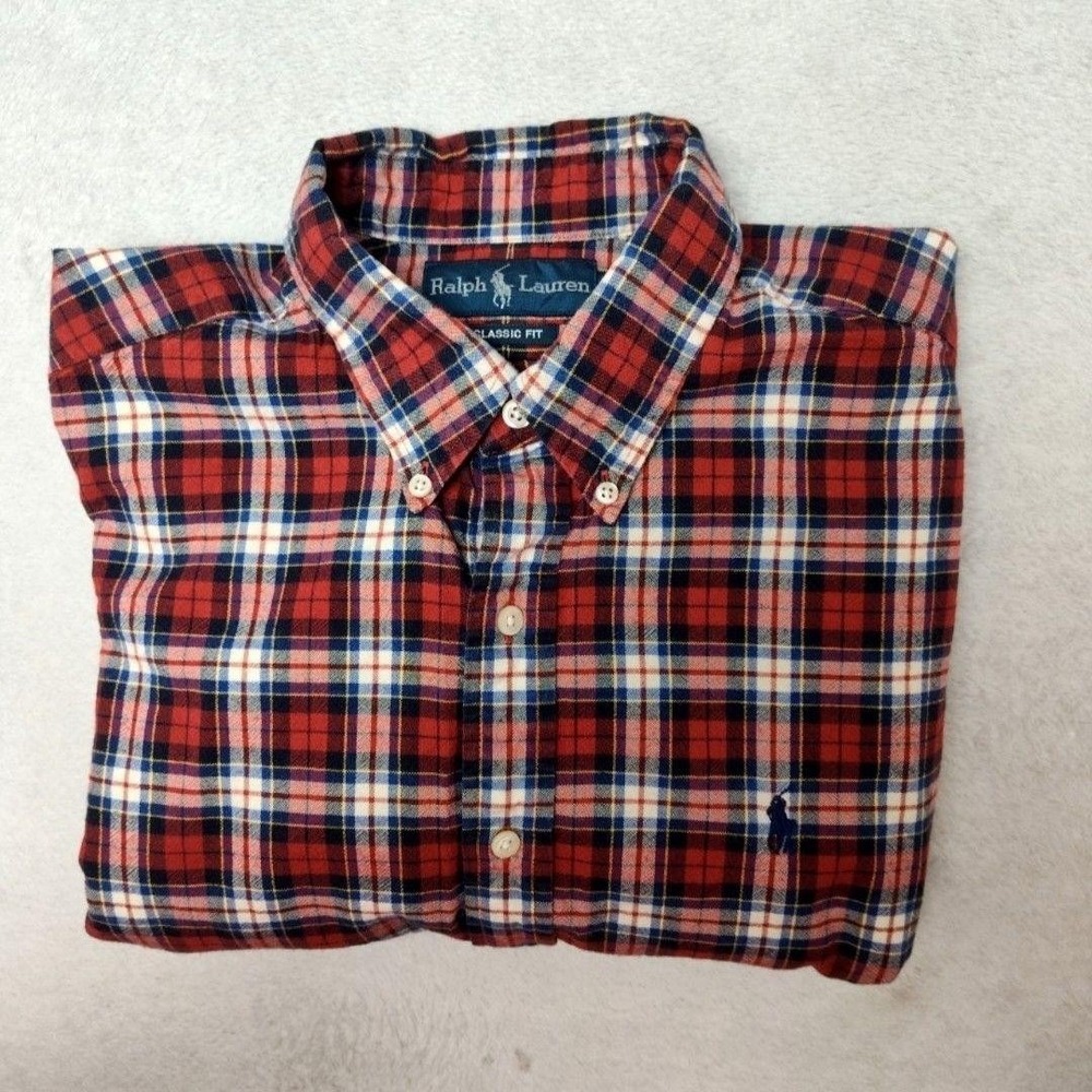 Ralph Lauren Shirt Mens Large‎ Red Plaid Flannel Button-Up Classic Fit Pony HOLE